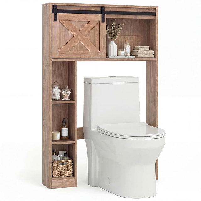 Giantex Over The Toilet Storage Cabinet - Freestanding Bathroom Organizer with Sliding Barn Door & Storage Shelves, Multifunctional Bathroom Toilet Rack for Bathroom, Restroom, Laundry (Rustic Brown)