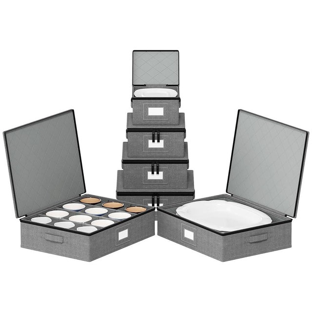 SpaceAid China Storage Containers 6 Pack, Stackable Hard Shell Quilted Cases with Soft Plate Separators, Moving Supplies Packing Boxes for Dishes, Plates, Platters, Mugs, Cups (Grey)
