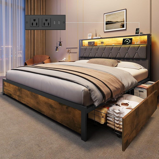 WLIVE Queen Bed Frame with 4 Storage Drawers, Upholstered Bed Frame with Headboard, Platform Bed with LED Lights and Charging Station, 1500LBS Mattress Foundation, No Box Spring Needed