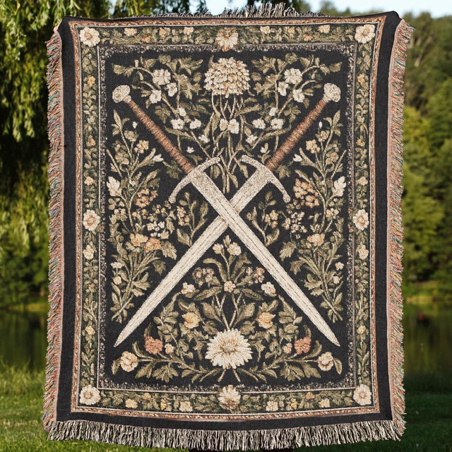 Medieval Sword Tapestry Blanket, Woven Floral Gothic Wall Art, Fantasy Crossed Swords Decor, Warrior Aesthetic Throw Blanket, DnD Lover Gift