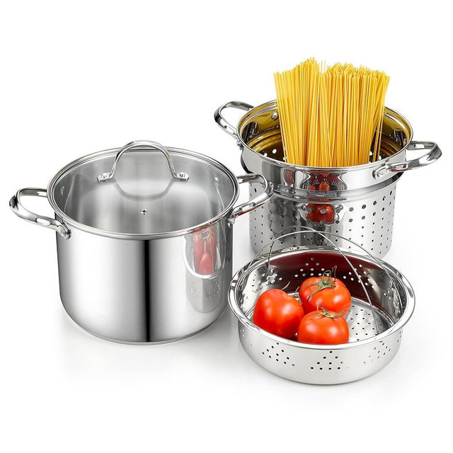 Cooks Standard Pasta Pot with Strainer Basket, 18/10 Stainless Steel 8 Quarts Stock Pot Spaghetti Cooker Tamale Crab Steamer Multipots with Glass Lid, 4-Piece Set