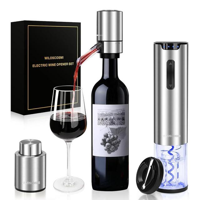 Electric Wine Opener Set,4-in-1 Wine Gifts Box with Automatic Corkscrew Wine Bottle Opener Rechargeable, Wine Aerator,Vacuum Stopper and Foil Cutter for Wedding,Home,Party(Stainless Steel)