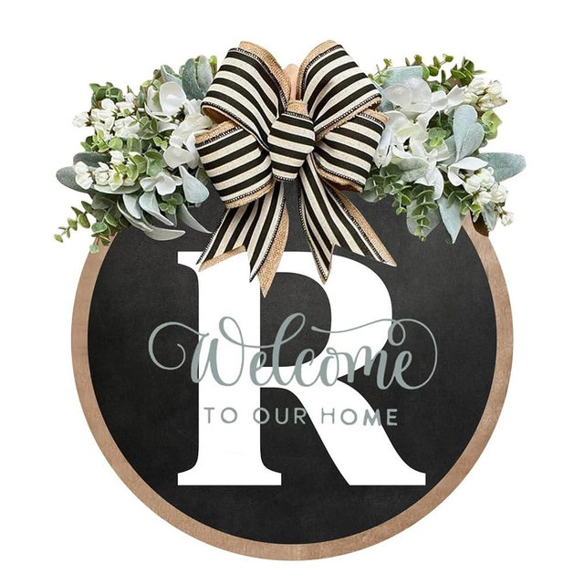 Circular Surname Front Door Welcome Sign - 26 Letter House Wreath, Front Porch Decorations, Year-Round Home Decor (R)