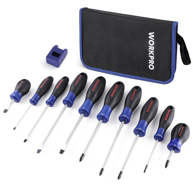 WORKPRO 10-Piece Magnetic Screwdriver Set with Pouch, Phillips, Slotted, Flat Head Screwdriver Include Magnetizer, Screwdriver with Non-Slip Grip, for Home Repair and DIY Projects