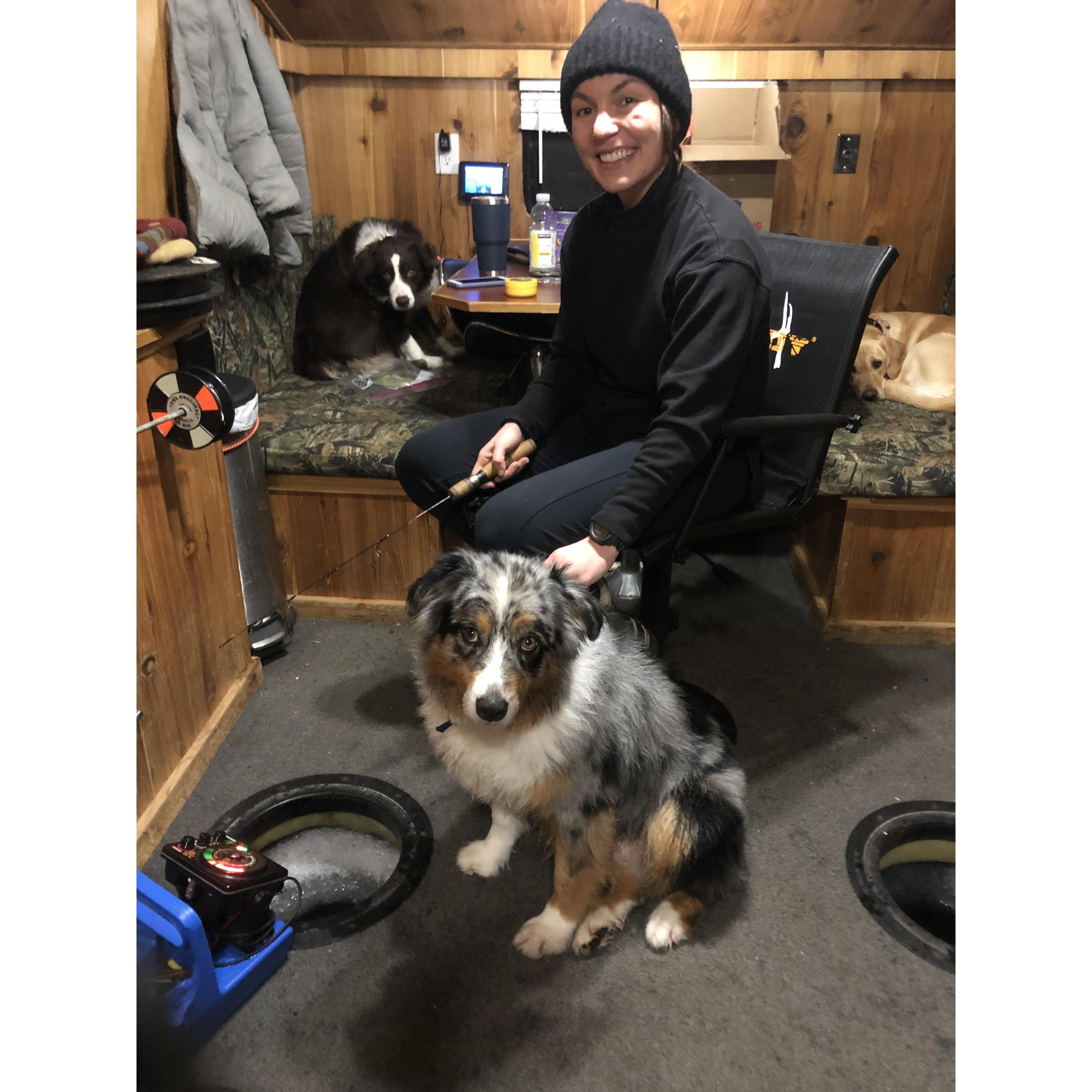 one of our favorite hobbies- dogs included- ice fishing!