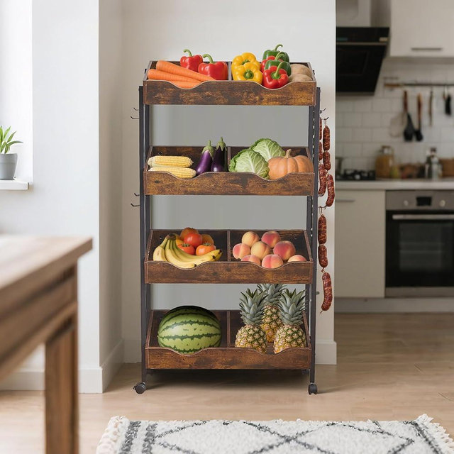 LAYIQDC Mobile Farm Stand,4-Tier Wood Fruit Basket Stand with 8 Metal Hooks,Vegetable Rack for kitchen,Snack Rack with Metal Frame,Easy Assembly (1)