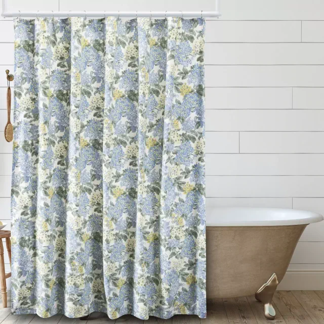 Ellis Hydrangea Classic Pattern Printed High Quality Piped Edge Button Holes Shower Curtain 72"x72" Blue