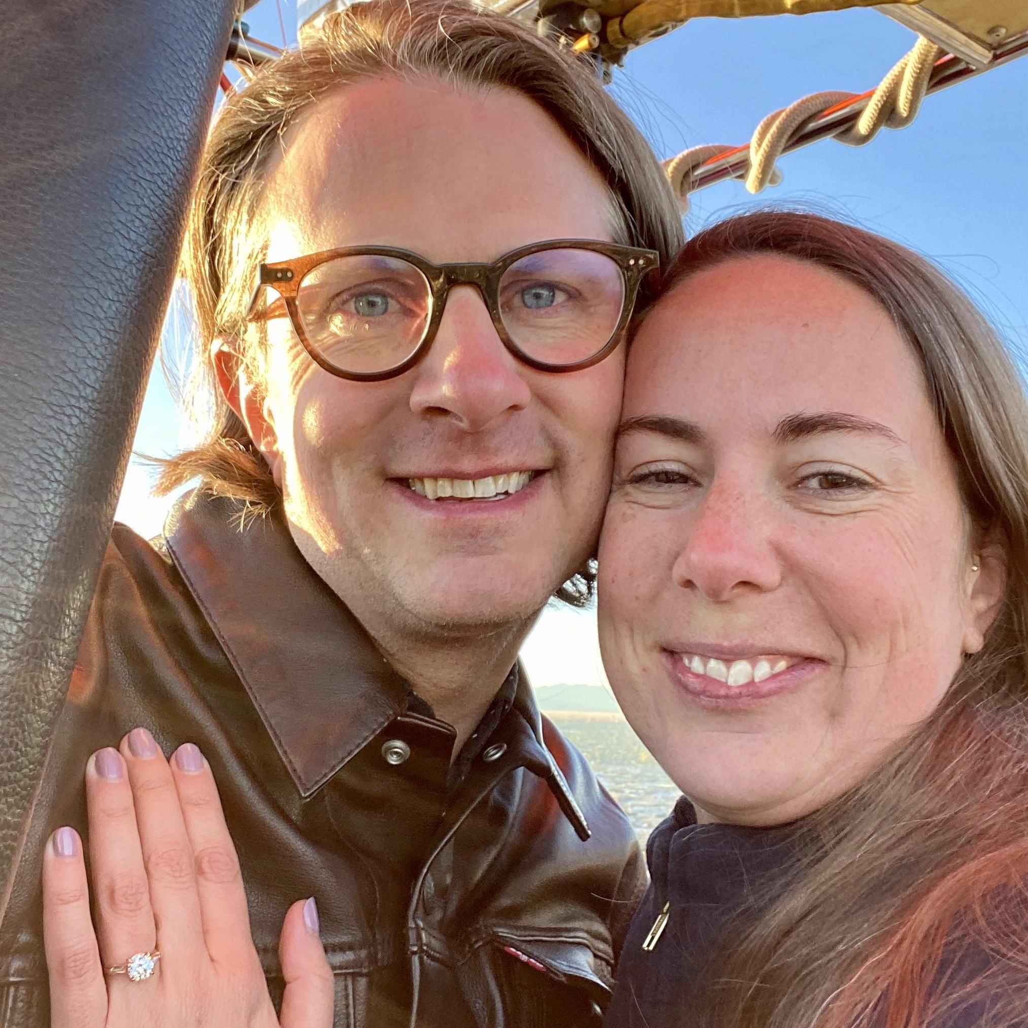 Ruth and James on a hot air balloon after she said yes