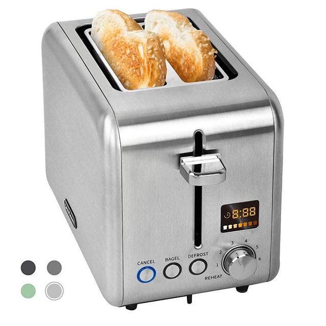 SEEDEEM Toaster 2 Slice, Stainless Steel Bead Toaster with Colorful LCD Display, 7 Bread Shade Settings, 1.4'' Extra Wide Slots Bagel Toaster with Cancel/Bagel/Defrost/Reheat Functions, Removable Crumb Tray, 900W, Silver Metallic