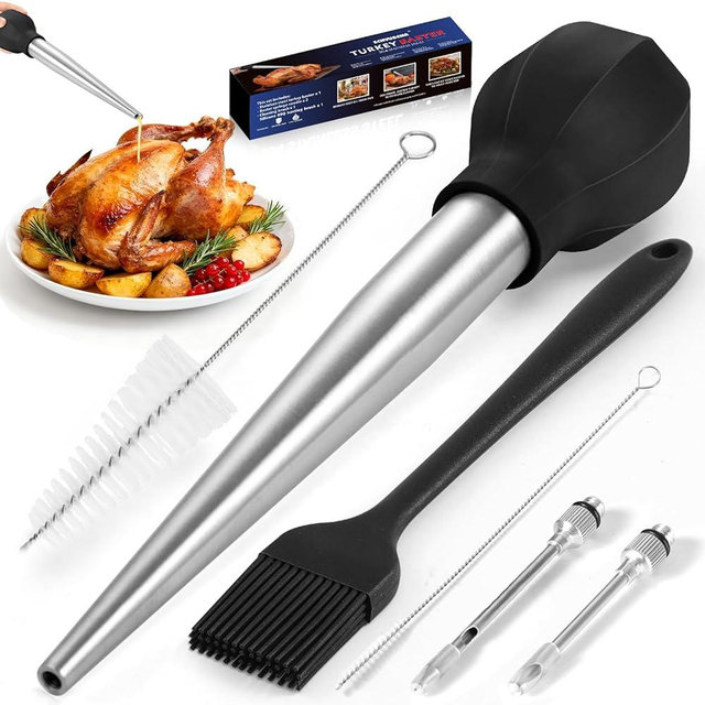 SCHVUBENR Large Turkey Baster Set - Stainless Steel Baster Tool for Cooking - Includes Basting Brush, Cleaning Brush & Injector Needles - Heavy Duty Baster Syringe - Thanksgiving, Christmas Essentials