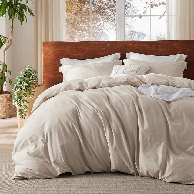 Bedsure 100% Washed Cotton Duvet Cover Oversized King - Beige Minimalist Cotton Duvet Cover Linen Like - 3 Pieces Plain Simple Duvet Cover Set with 2 Pillow Shams (Beige, Oversized King, 120"x98")