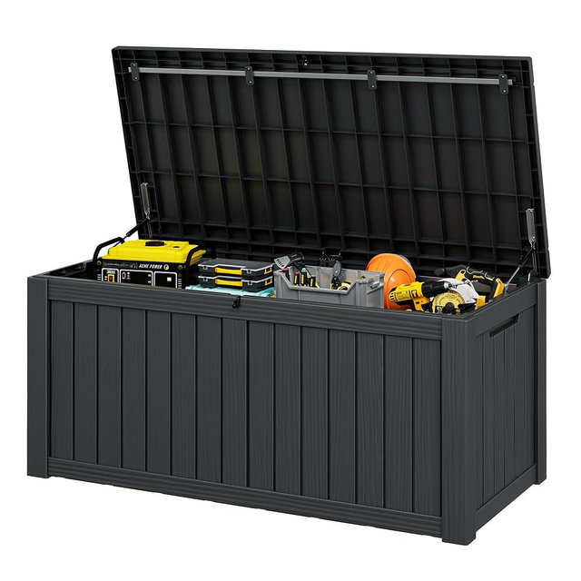 WTFGO Outdoor Storage Box, 150 Gallon Resin Deck Boxes Outdoor Waterproof For Patio Furniture, Garden Tools, Pool Supplies, Lockable And UV Resistant (Striped Black)