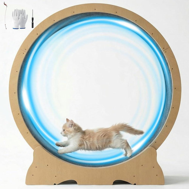 POLAHAKU Cat Exercise Wheel, 48 Inch Diameter Cat Treadmill for Indoor Cats, Cats Running Wheel with Updated Enhanced Base and Carpeted Runway for Cat's Longer Life and Fitness, Natural