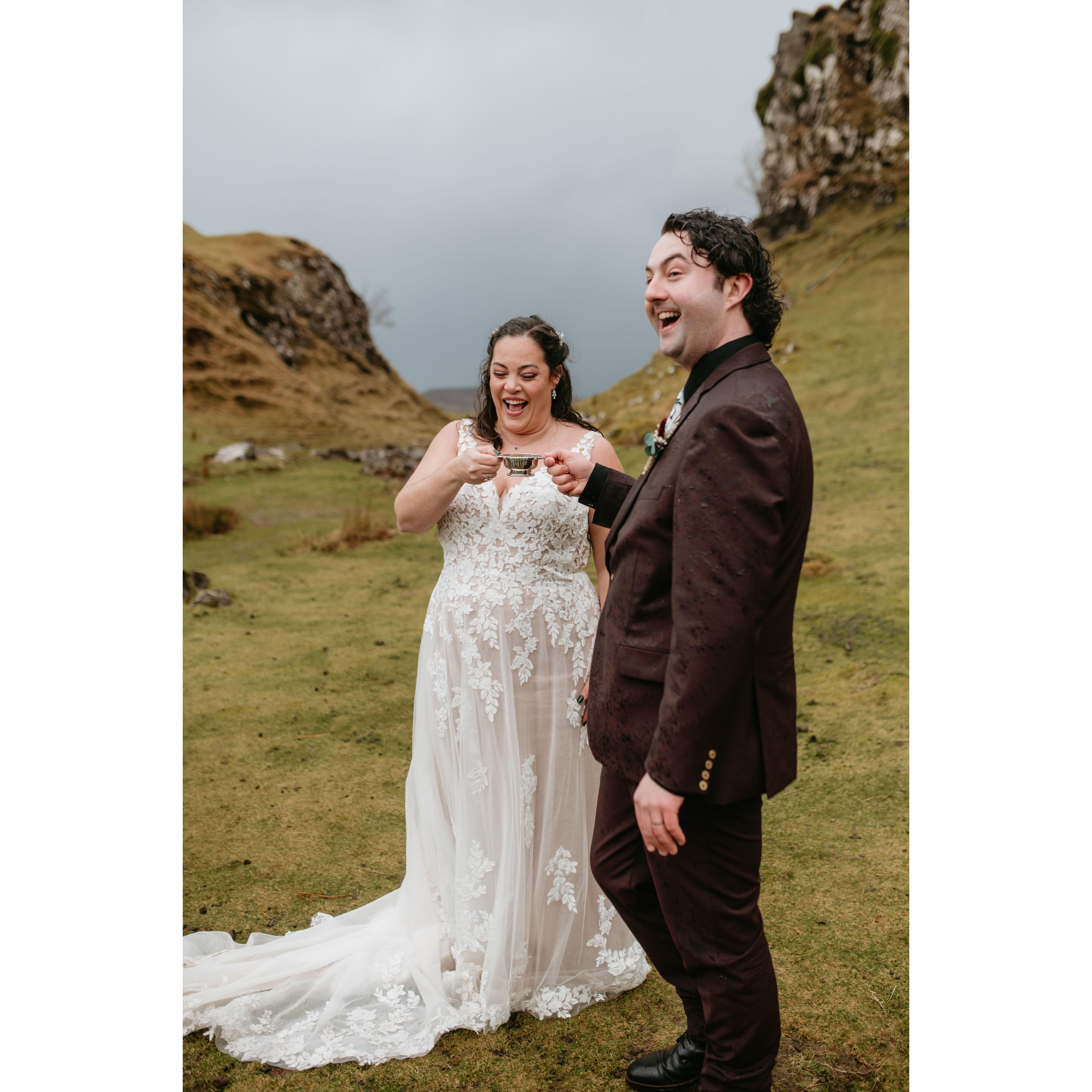 The quaich is the second tradition we incorporated...in this ceremony, each person holds one handle of the two-handled cup while they drink together. It represents the love and trust between partners.