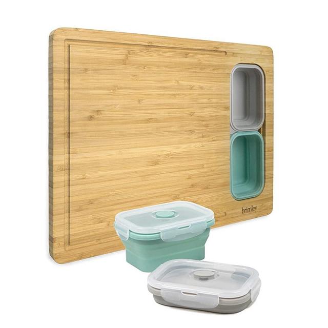 Brimley Bamboo Cutting Board, with 4 Collapsible Silicone Tupperware Containers and Lids for Storage, Meats, Cheese, Fruit and Vegetable Chopping Brimley Board