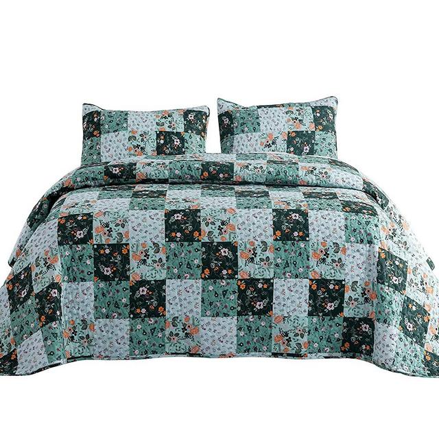 Exclusivo Mezcla Queen Size Boho Patchwork Pattern Quilt Set, 3 Piece Microfiber Floral Pattern Bedspread/ Coverlet/ Bedding Set with 2 Pillow Shams, Lightweight and Soft, (92"x96", Green)