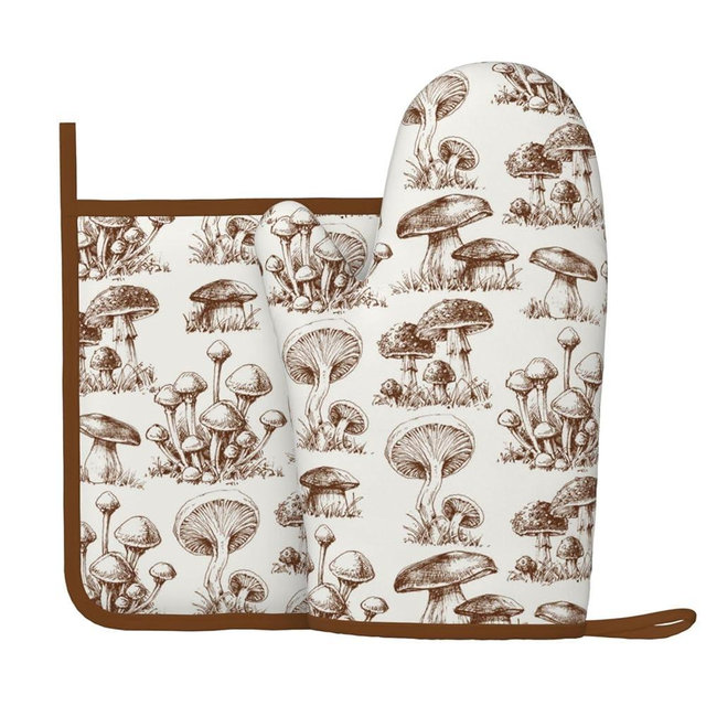 Aesthetics Mushroom Silicone Oven Mitts Pan Mats Set of 2, Heat Resistant Gloves Potholder with Non-Slip Grips Hanging Loops Pot Holder, Spring Summer for Chef Cooking, Baking, Grilling, BBQ