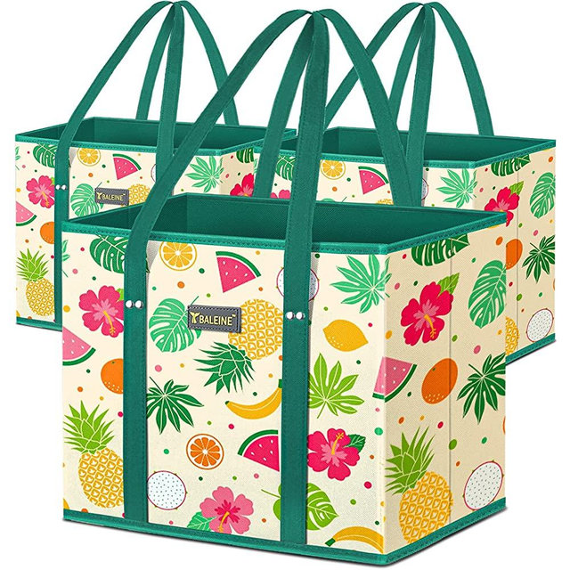 BALEINE 3Pk Reusable Grocery Bags, Foldable Shopping Bags for Groceries with Reinforced Bottom & Handles