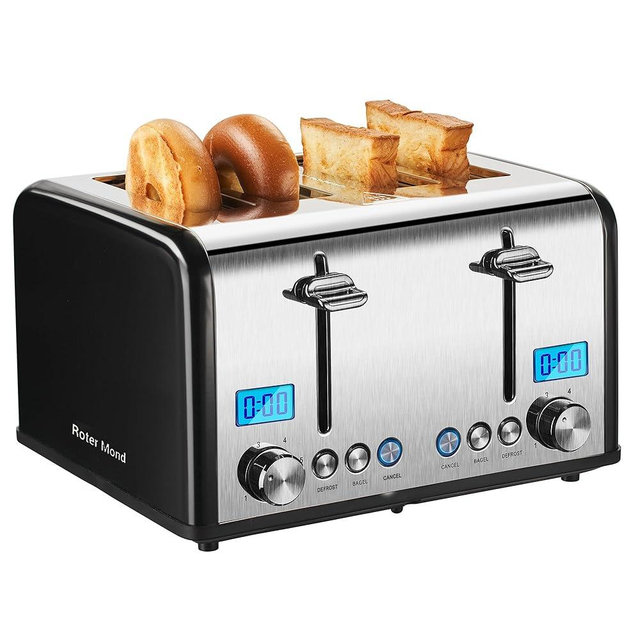 Roter Mond Countdown Stainless Steel 4 Slice Toaster with Bagel, Defrost, Cancel Function, Dual Toaster, Extra Wide Slots, 6 Shade Settings, Removable Crumb Trays, 1650W, Black