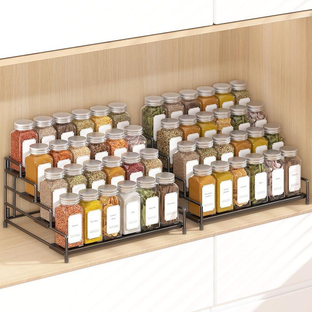 RUILALIFE 4-Tier-Spice-Rack-Organizer-for-Cabinet, Adjustable Depth Spice Holder Shelf For Countertop Pantry Cupboard, Metal Tiered Seasoning Organizer,Display Shelf Riser (Black-2 Pack)