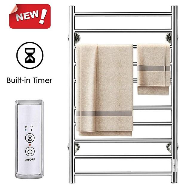 JSLOVE Towel Warmer 10 Bars, Heated Towel Drying Warmer Wall Mounted for Bathroom with Built-in Timer Hardwired and Plug-in, Bath Towel Heater Stainless Steel, Polished