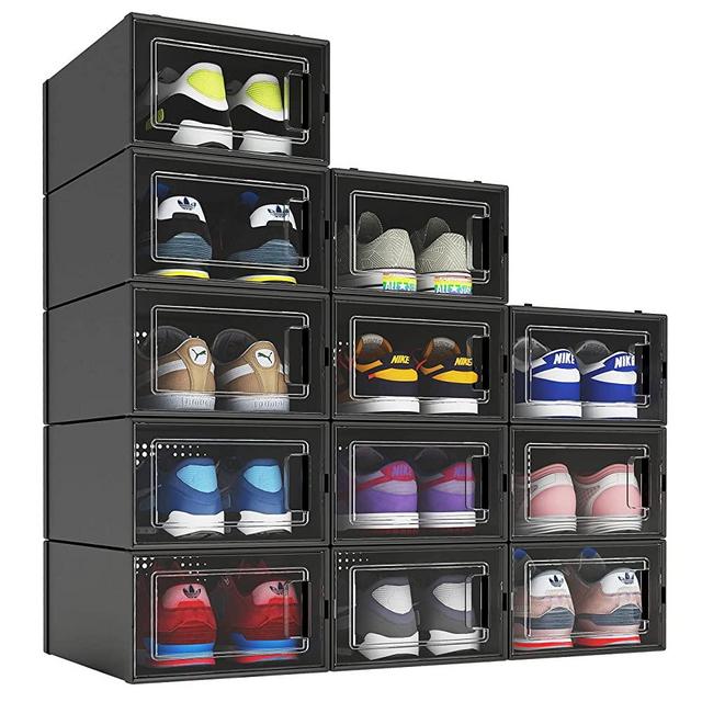 12 Pack Shoe Organizer Boxes, Black Plastic Stackable Shoe Storage Bins For Closet, Space Saving Shoe Holder Sneaker Display Case