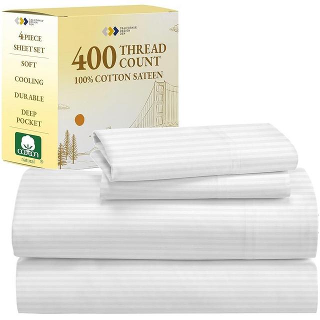 California Design Den Striped Sheets for Full Size Bed, Soft 100% Cotton Sheets, Luxury 400 Thread Count Sateen, 4 Piece Deep Pocket Cooling Sheets Set (White Sheets)