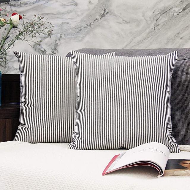 JOJUSIS Cotton Woven Striped Throw Pillow Covers Soft Solid Farmhouse Classic Decorative Cushion Pillowcases for Sofa Bedroom Car 18 x 18 Inch Black Pack of 2