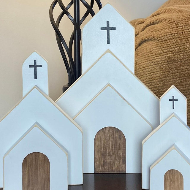 Distressed White Wood Church, Farmhouse Easter Decor, Handmade Religious Gift, 3 sizes available