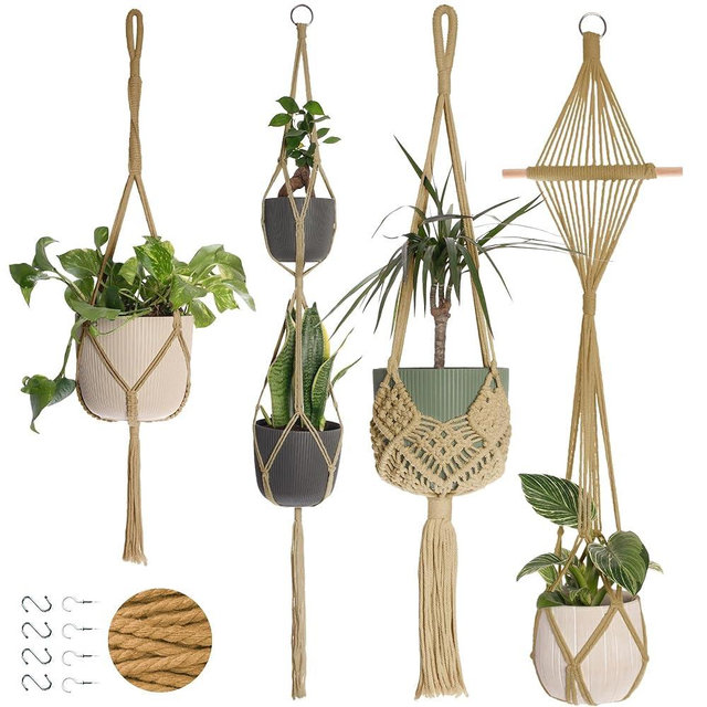 Nook Theory 4 Pack Macrame Plant Hanger - Hanging Planters for Indoor Plants, Boho Plant Holder with 8 Ceiling Hooks (Caramel)