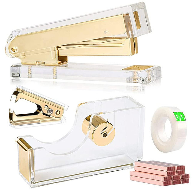 Acrylic Gold Tape Dispenser Gold Desktop Stapler, Acrylic Office Supplies Includes Tape, 1000pcs Staples Desk Accessory Kit, Chic Office Stapler Tape Dispenser for Modern Design Office Desktop