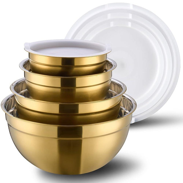 DINYWOW 4 Piece Gold Mixing Bowls with Lids for Kitchen, Stainless Steel Mixing Bowls Set Ideal for Baking, Prepping, Cooking and Serving Food, Nesting Metal Mixing Bowls for Space Saving Storage