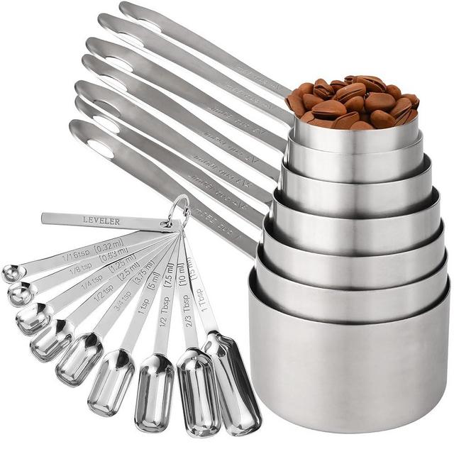 Nstezrne Measuring Cups and Spoons Set, 18/8 Stainless Steel Measuring Cups and Spoons Set 17, Metal Measuring Cups Set, 7 Measuring Cup Set and 9 Measuring Spoons & 1 Leveler for Kitchen & Baking