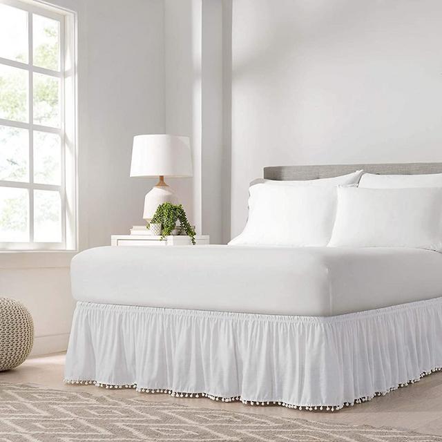EASY FIT Pom Pom Elastic Wrap Around Bed Skirt, Easy On/Off Dust Ruffle (18-Inch Drop), Queen/King, White