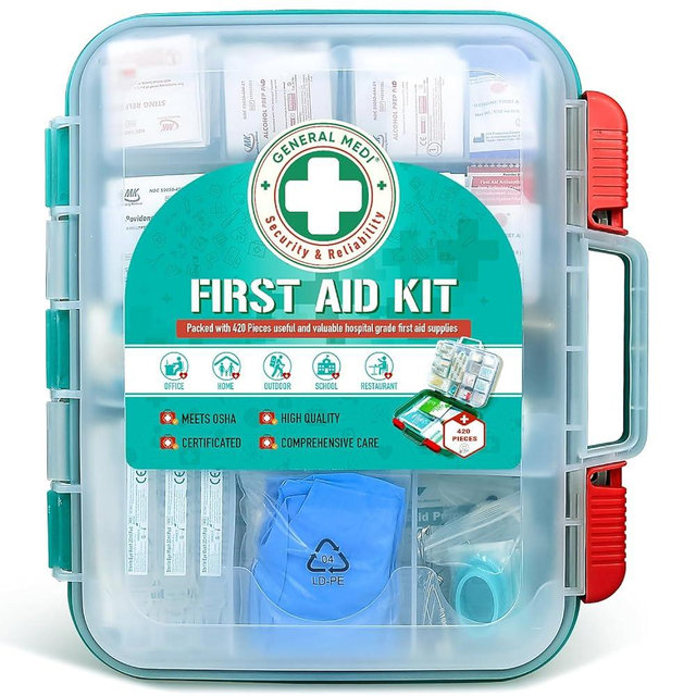 General Medi 420 Pieces Professional First Aid Kit - HardCase First Aid Box - Contains Premium Medical Supplies for Travel, Home, Office, Vehicle, Camping, Workplace & Outdoor