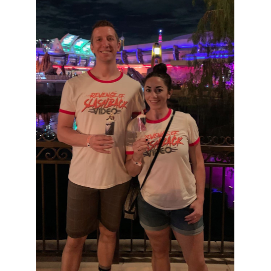 Can you tell we love Halloween? We are at the Magic Kingdom for a Mickey's Not So Scary Halloween Party in our very awesome matching Revenge of Slashback Video shirts!