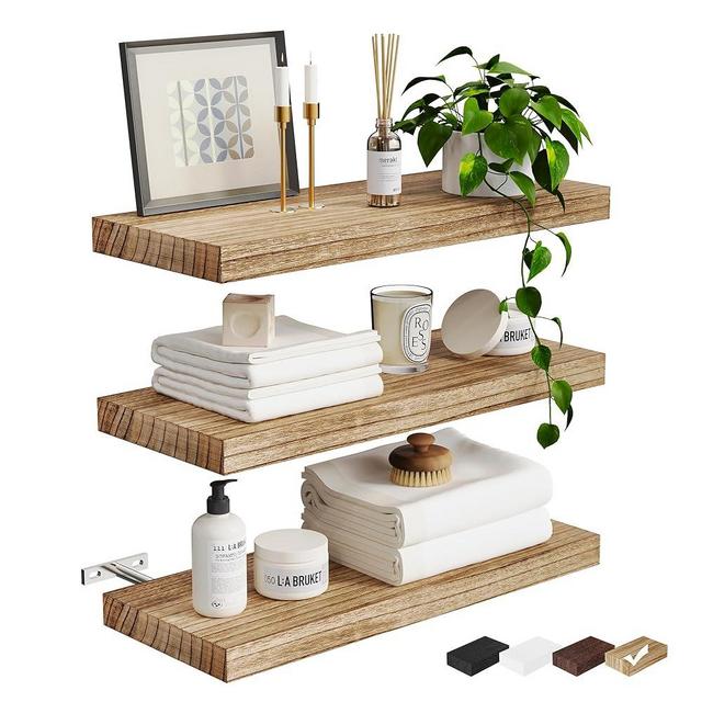 3 Packs Floating Shelves for Room Wall Bathroom Bath Shower Toilet Cabinet Laundry Restroom Boho Bohemian Japandi Organic Neutral Farmhouse Decor Natural Wood Cute Thick Renter Friendly Shelf 16 Inch