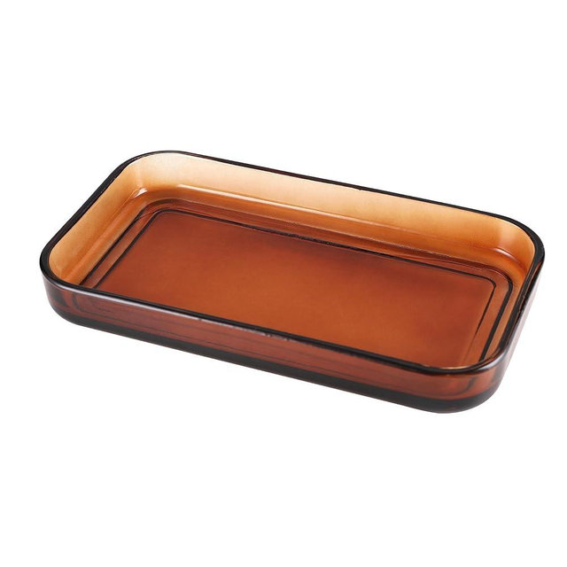 Halston Heritage Amber Glass Vanity Tray, Bathroom Organizer, Table Top Storage, Home Decor Bathroom Accessories, Modern Farmhouse Decor, Heavy Weight Thick Glass (G7704)
