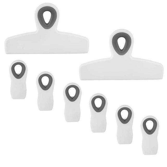 Cook with Color Set of Eight Bag Clips, 2 Large Heavy Duty Chip Clip and 6 Refrigerator Magnet Clips for Food Storage with Air Tight Seal Grip for Snack Bags and Food Bags (White)