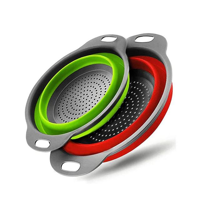 Fglmctsh Collapsible Colander Set, Round Silicone Kitchen Strainer Diameter Sizes7.9in and 9.5in Perfect for Draining Pasta Vegetable fruit 2 PCS(Red and Green)