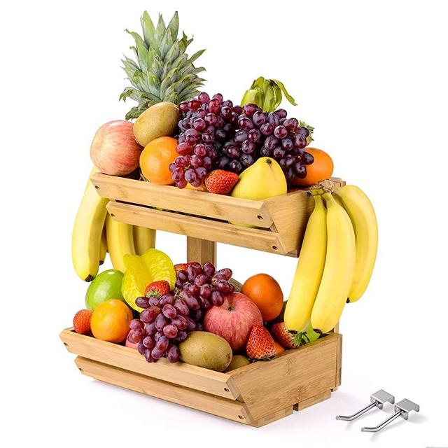 Sunix Bamboo Fruit Basket Holder Vegetable Storage Stand, 2 Tier Standing Basket Organizer with 2 Banana Hooks for Kitchen, Home, Office, Dining Room, Supply Room and Guest Room