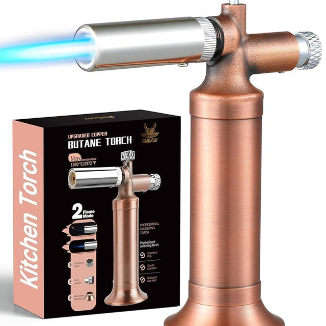 Ravs Butane Torch Lighter Pure Copper, Pink Kitchen Torch with Safety Lock, Dual Flame Mode Creme Brulee Torch with Adjustable Flame, Blow Torch for Cooking, Gifts For Women & Men, Butane Not Included