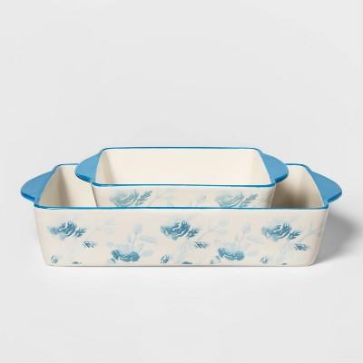 2pc Stoneware Floral Bakeware Set Blue - Threshold™