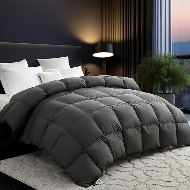 L LOVSOUL 75% Goose Down Fiber Comforter King Size, 750+ Fill Power Hotel Style Bedding Comforter, 1200TC, Fluffy Ultra Soft All Season Gery Duvet Insert with 8 Corner Tabs