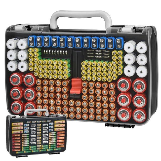 Battery Organizer Storage Holder Case with Double-Sided, Garage Box with Tester Checker. Batteries Container for 269pcs AA AAA AAAA 3A 4A 9V C D Lithium 4LR44 CR2 CR123A CR1632 CR2032 18650 - Black