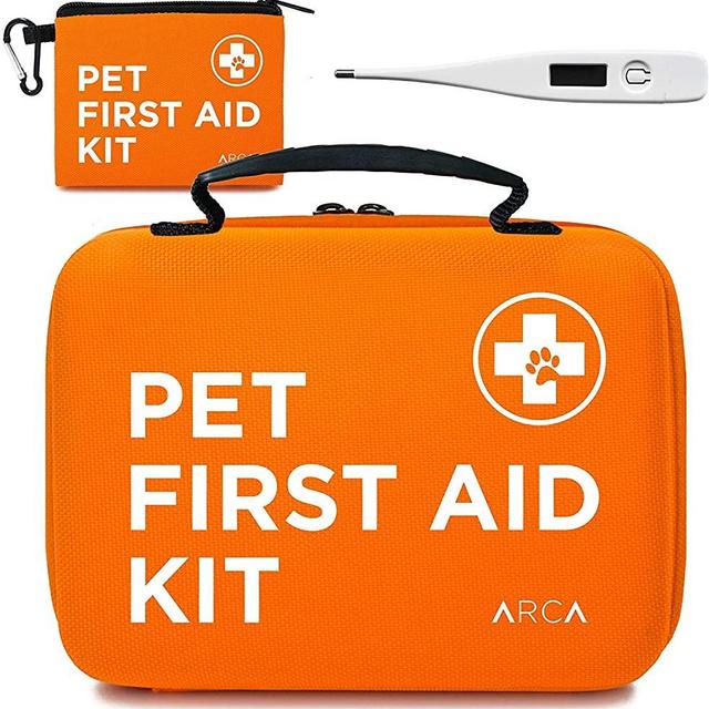 ARCA PET Cat & Dog First Aid Kit Home Office Travel Car Emergency Kit Pet Travel Kit – 100 Pieces with Emergency Collar and Pet Thermometer & Bonus Mini Pouch [Hard Case for Protection]