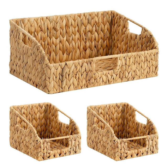 StorageWorks Water Hyacinth Pantry Storage Baskets, Wicker Baskets with Built-in Handles, Handwoven Shelf Baskets for Organizing, Pantry Organizers and Storage, 3 Pack