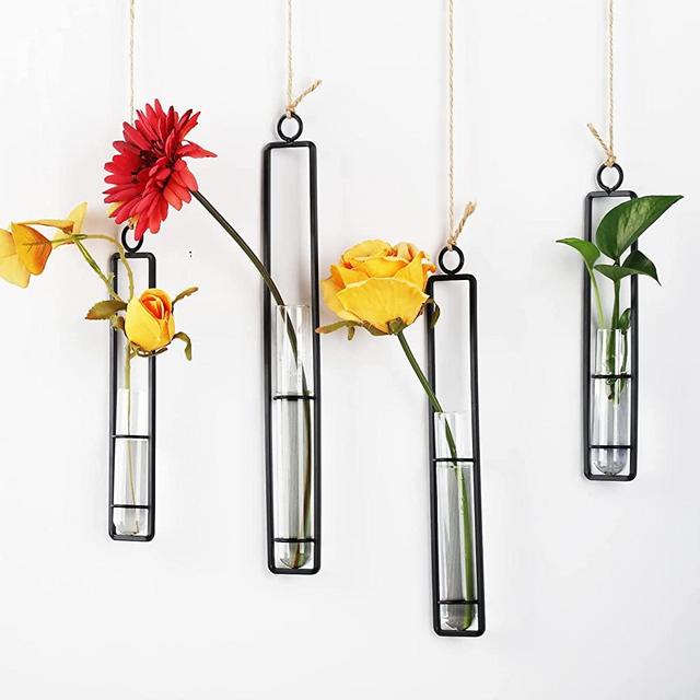 Plant Propagation Stations Wall Hanging,4Pcs Clear Glass Propagation Tubes,Hanging Planters for Indoor Plants、Kitchen Window、Bathroom,Black Metal Test Tube Vases for Home Decoration