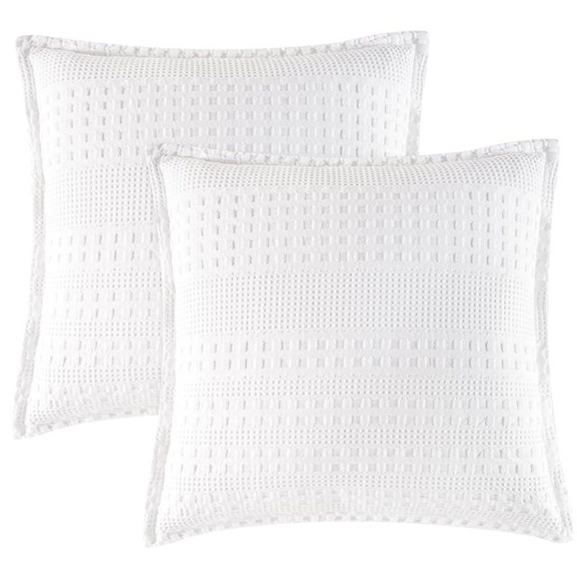 PHF 100% Cotton Ruffle Waffle Weave Euro Sham Covers, 2 Pack 26" x 26" Bed Pillow Covers for Elegant Home Decor, No Filling, Luxury Aesthetic Euro Pillow Cases for Bed, White
