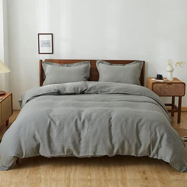 Simple&Opulence 100% Linen Duvet Cover Set with Washed-French Flax-3 Pieces Solid Color Basic Style Bedding Set-Breathable Soft Comforter Cover with 2 Pillowshams（Ultimate Grey, King）